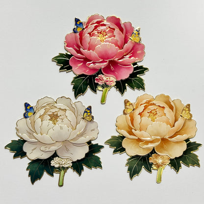 Peony Flower Refrigerator Magnet – Decorative Metal Floral Magnet with Raised Petals & Enamel Finish