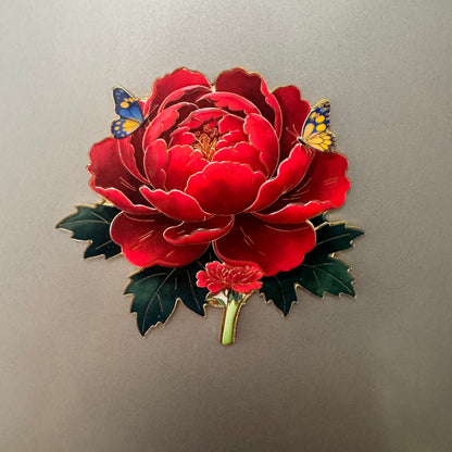 Peony Flower Refrigerator Magnet – Decorative Metal Floral Magnet with Raised Petals & Enamel Finish