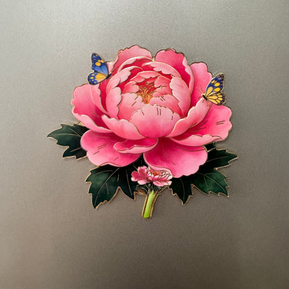 Peony Flower Refrigerator Magnet – Decorative Metal Floral Magnet with Raised Petals & Enamel Finish