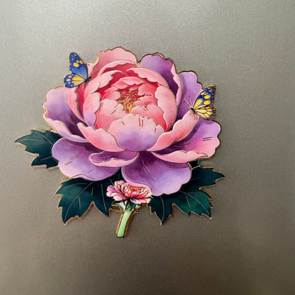 Peony Flower Refrigerator Magnet – Decorative Metal Floral Magnet with Raised Petals & Enamel Finish